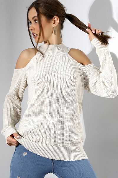Devinka Women's Stone Half Fisherman Shoulder Low-cut Casual Knitwear Sweater