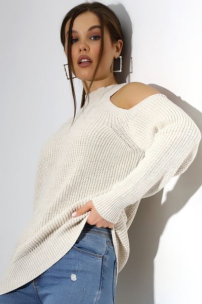 Devinka Women's Stone Half Fisherman Shoulder Low-cut Casual Knitwear Sweater