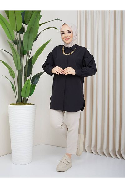 Lebaco Hidden Placket, Balloon Sleeve Detail, Comfortable Fit, Woven Shirt (with Chain Necklace Gift)