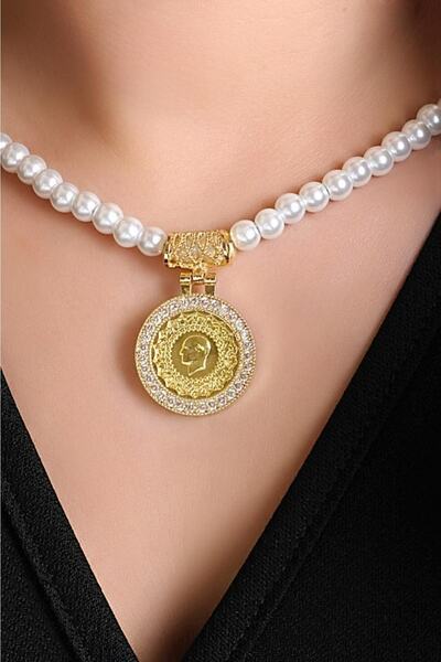 aytekgold 22 Ayar Çeyrek Altınlı Incili Kolye