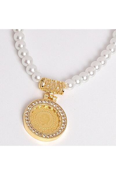 aytekgold 22 Ayar Çeyrek Altınlı Incili Kolye