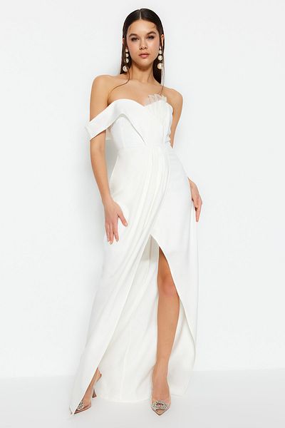 Trendyol Collection Rochie de seară lungă de mireasă/Nikah, căptușită cu țesută ecru TPRSS23AE00236