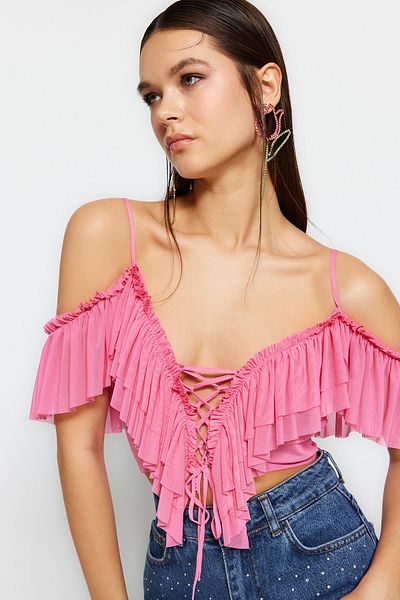 Trendyol Collection Ροζ Πλεκτή Μπλούζα - Crop Ruffle, TPRSS23BZ00072