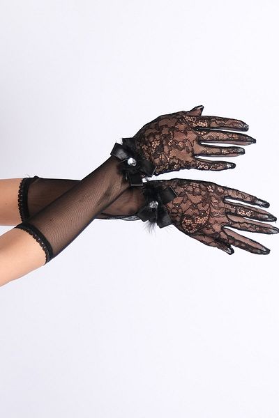 Hayalperest boncuk Black Half Sleeve Flower Patterned Ribbon Bridal Gloves