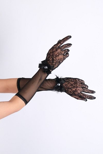 Hayalperest boncuk Black Half Sleeve Flower Patterned Ribbon Bridal Gloves