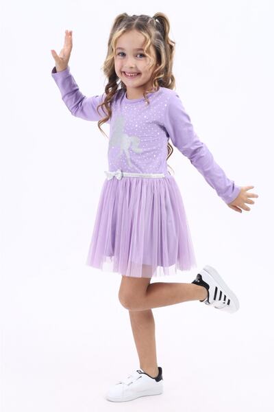 Elvinsa Lila Simli Baskılı Tüllü Pamuklu Kız Çocuk Tütülü Elbise