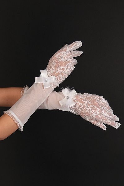 Hayalperest boncuk White Half Sleeve Flower Patterned Ribbon Bridal Gloves