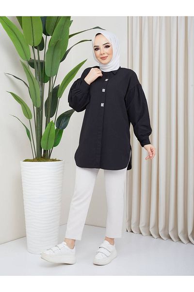 Lebaco Hidden Placket, Brooch Jewelled Embroidered, Balloon Sleeve Detail, Comfortable Fit, Woven Shirt