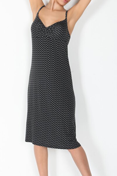 kingspearl Gri Puantiyeli Penye Gecelik