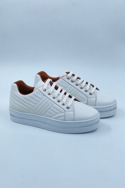MAT Deri Women's White Sneakers Genuine Leather Quilted Sneakers