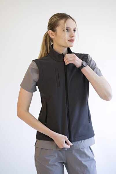 almesta Softshell Su Geçirmez Polarlı Kadın Yelek - Füme Gri