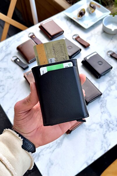 CüzCan Unisex Siyah Hakiki Deri Mekanizmalı Cüzdan - (isme Özel) - (hakiki Deri Anahtarlık Hediyeli)