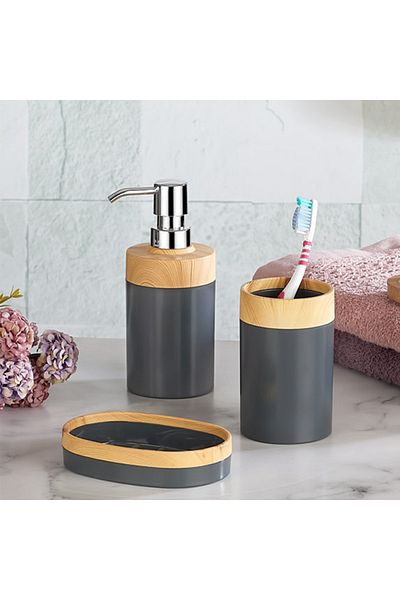 bersachef Σετ μπάνιου Limpia Bamboo Pattern 5 τεμαχίων Δοχείο υγρού σαπουνιού Κάδος σκουπιδιών Θήκη οδοντόβουρτσας Κουτί σετ μπάνιου Γκρι