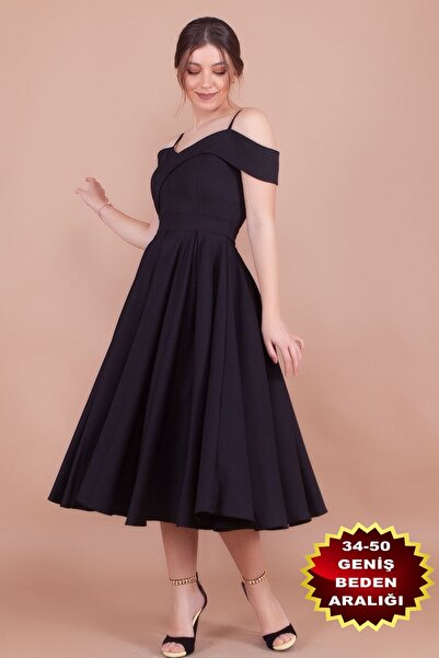 bayansepeti Flexible Atlas Fabric Low Shoulder Detailed Pleated Strap Midi Bl...