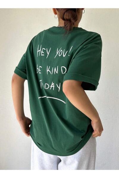 AFROGİYİM Women's Green Hey You Be Printed Oversize T-shirt