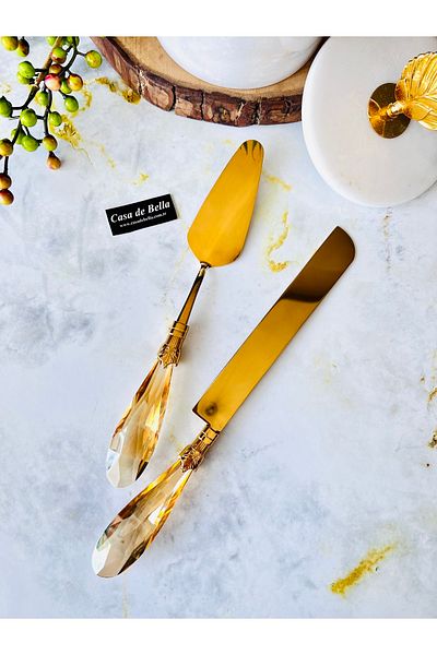 CASA DE BELLA Diamond 2 Piece Gold Spatula Knife Cake Serving Set with Crystal Handles