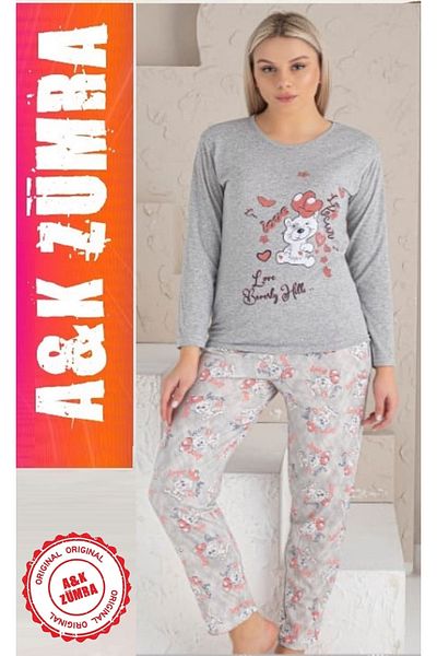 A&K ZÜMRA Women's Summer Combed Cotton Pajama Set Gray