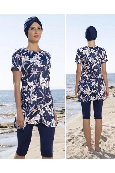 Estiva 23814 Navy Blue Short Sleeve Semi Covered Swimsuit