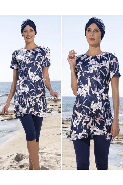 Estiva 23814 Navy Blue Short Sleeve Semi Covered Swimsuit