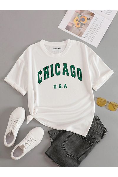 Keywest Chicago Green Printed Oversize Unisex Βαμβακερό λευκό μπλουζάκι