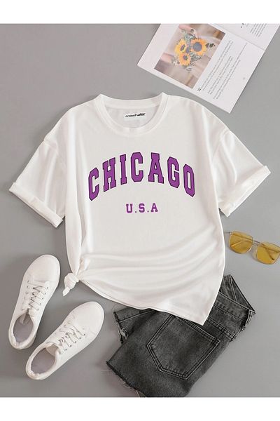 Keywest Μπλουζάκι μεγάλου μεγέθους Chicago Pink Printed Oversize Unisex Βαμβακερό λευκό μπλουζάκι
