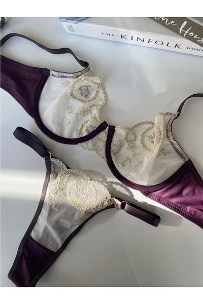 Cillop Sutien de damă cu dantelă detaliată cu motiv floral și chiloți cu design șir