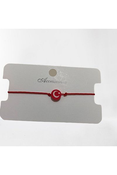 sema aksesuar Red Color Turkish Flag Moon Star Fimo Bead Bracelet - Elevator Macrame Rope Bracelet - April 23
