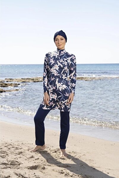 Estiva 23914 Μαγιό Hijab με ψηφιακό σχέδιο σε μεγάλο μέγεθος Navy Blue με λύκρα