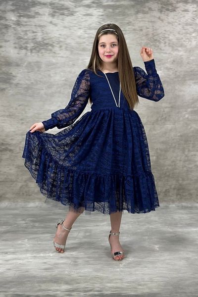ABİYEKİDS Pearl Detail Cloud Sleeves Crowned Lace Evening Dress Aby830