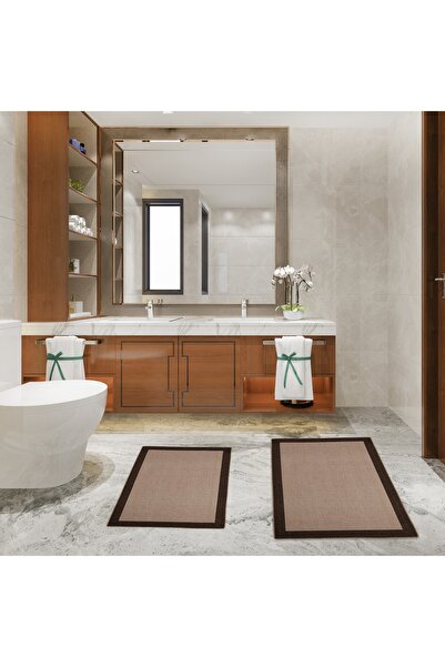 perhal perde ve halı Sisal Doğal Jüt Hasır Görünümlü Çerçeveli 2'li Banyo Pas...