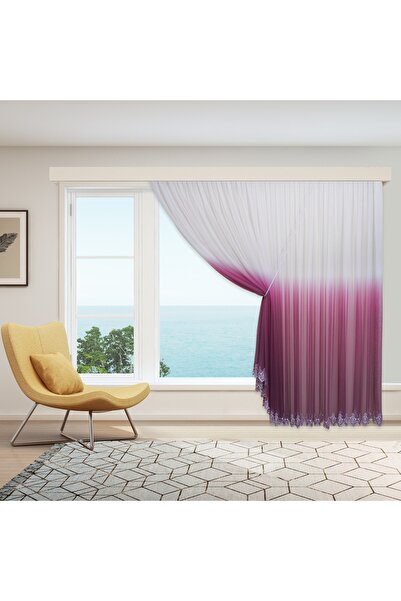 perhal perde ve halı Degrade Renk Geçişli Mürdüm Etekleri Nakışlı 1-2 Seyrek Pile Halatlı Tül Perde