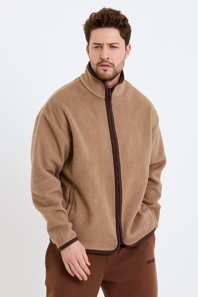 JAHR MARC Beige Men's Fleece Jacket with Zippered Stand-up Collar