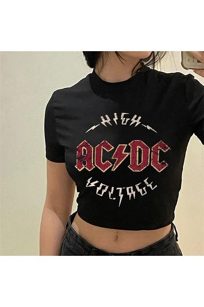 Gofeel Acdc Patterned Black Color Harajuku Women's Crop Blouse T-Shirt