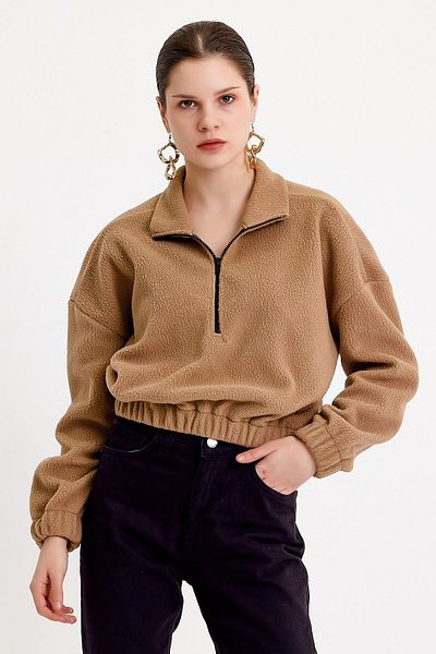 JAHR MARC Γυναικείο βελούδινο φούτερ σε μπεζ Crop Fit