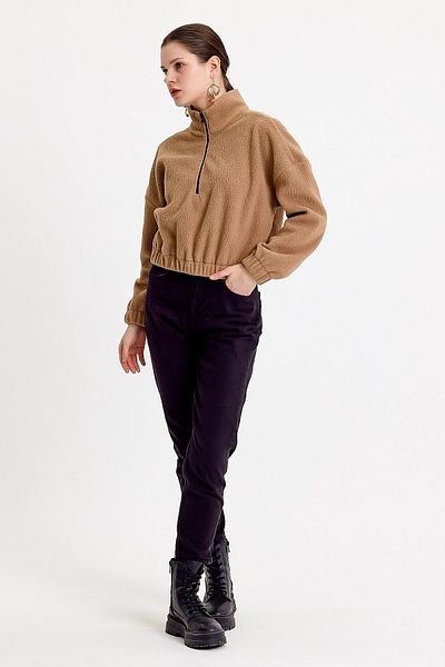 JAHR MARC Γυναικείο βελούδινο φούτερ σε μπεζ Crop Fit
