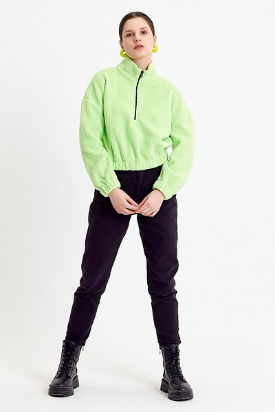 JAHR MARC Neon Green Crop Fit Zippered Plush Sweatshirt