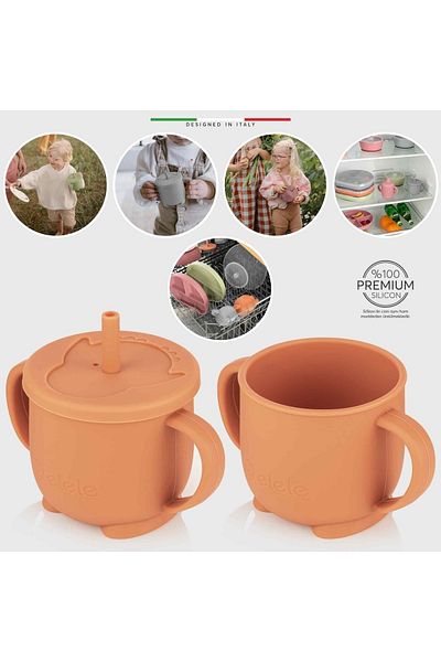 Elele 2in1 Silicone Baby Drinking Cup with Handle and Straw Orange
