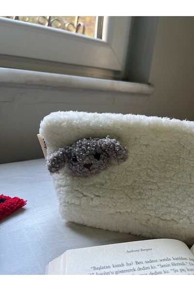 sumicorn Cute Dog Plush Washable Zippered Gingham Lined Cloth Pen Holder Pencil Case Makeup Bag