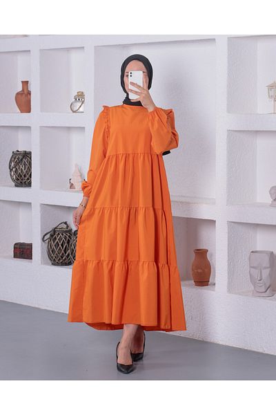Patika Women's Orange Gathered Poplin Dress Crew Neck