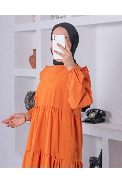 Patika Women's Orange Gathered Poplin Dress Crew Neck