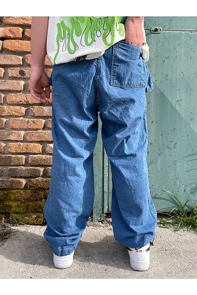 Gofeel Pantaloni largi unisex tactici, albastru, țesătură parașută, talie reglabilă