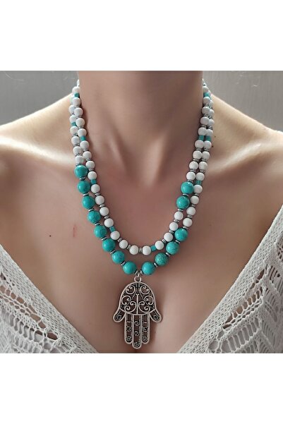 elinasaccessories قلادة يد فاطمة الأم، قلادة من حجر الفيروز، قلادة أصلية، قلادة رمزية، قلادة على شكل شخصية