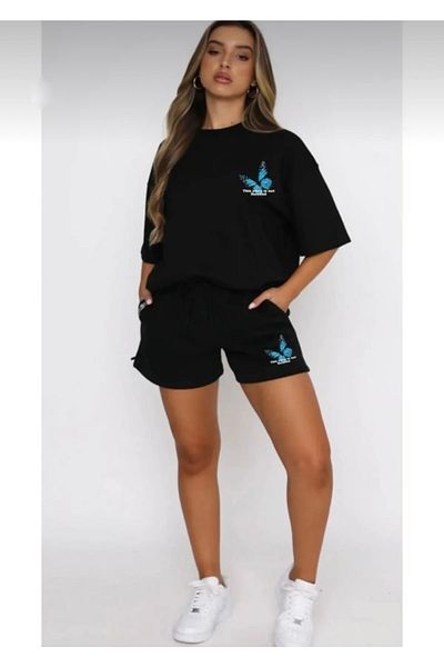Josette Unisex Black 2-Piece Butterfly Printed Shorts T-shirt Bottom Top Shorts Set