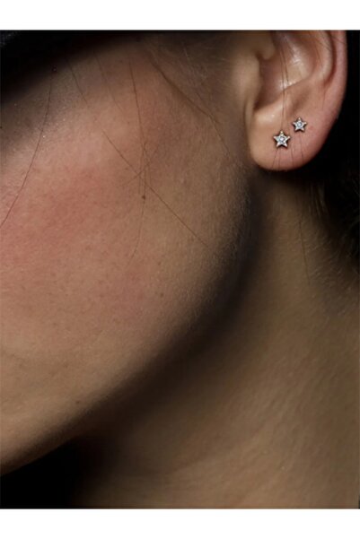 Begonia Accessories 925 Ayar Gümüş; Yıldız Kesim Zirkon Tek Taş Unısex 1 Çift Pimli Küpe