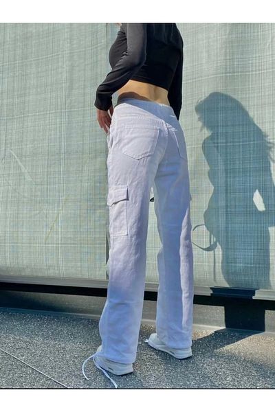 Gofeel Παντελόνι αθλητικής φόρμας Harajuku Fashion Cargo Pocket Britli Λευκό Χρώμα