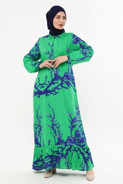 Kardelen Butik Ümraniye Long Summer Skirt Ruffled Cotton Hijab Dress Light Green
