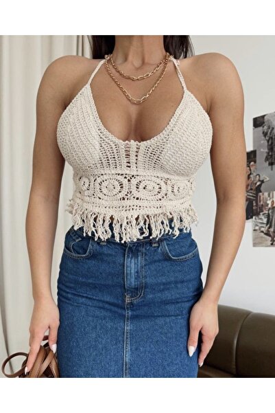 Çnru Hasır Örgü Boyundan Bağlamalı Crop Boy Triko Görünümlü Büstiyer