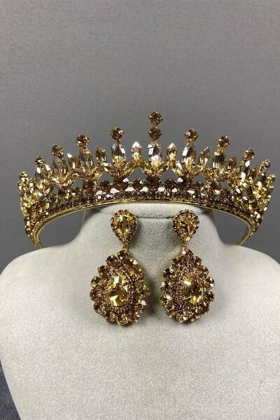 ESPEREST طقم تاج حناء للزفاف من بيدرو ستون بلون العسل وأقراط مكوكية