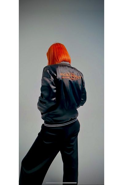 GAGATR Satin Black Orange Slogan Printed College Jacket