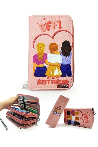 Limmy Μολυβοθήκη Bff Friend Best Friends Kawai Organizer Θήκη μολυβιών Vegan Δερμάτινη θήκη για στυλό τριών διαμερισμάτων
